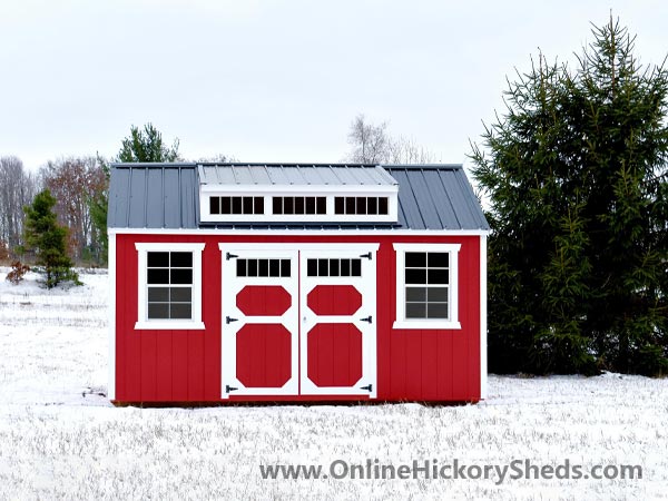 Hickory Sheds Dormer Utility Shed Painted Scarlet Red with White Trim