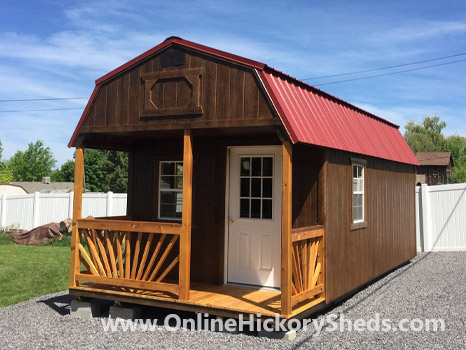 Hickory Sheds Lofted Front Porch Painted Brown with Rustic Red Metal Roof